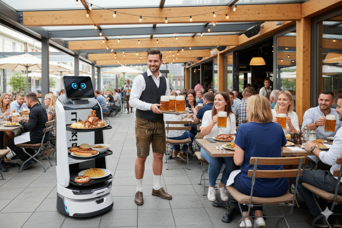 Serviceroboter unterstützt Kellner beim Servieren auf der Terrasse
